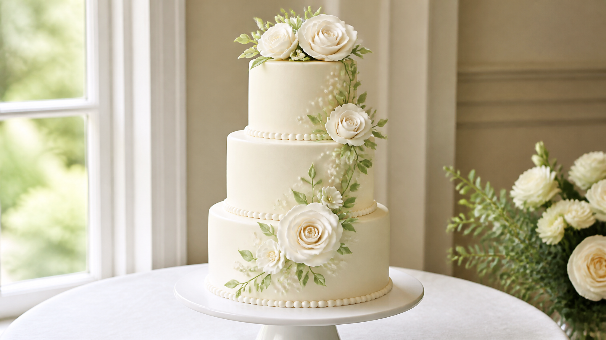 Beautiful three-tier ivory wedding cake with floral decorations and pearl accents on a white cake stand