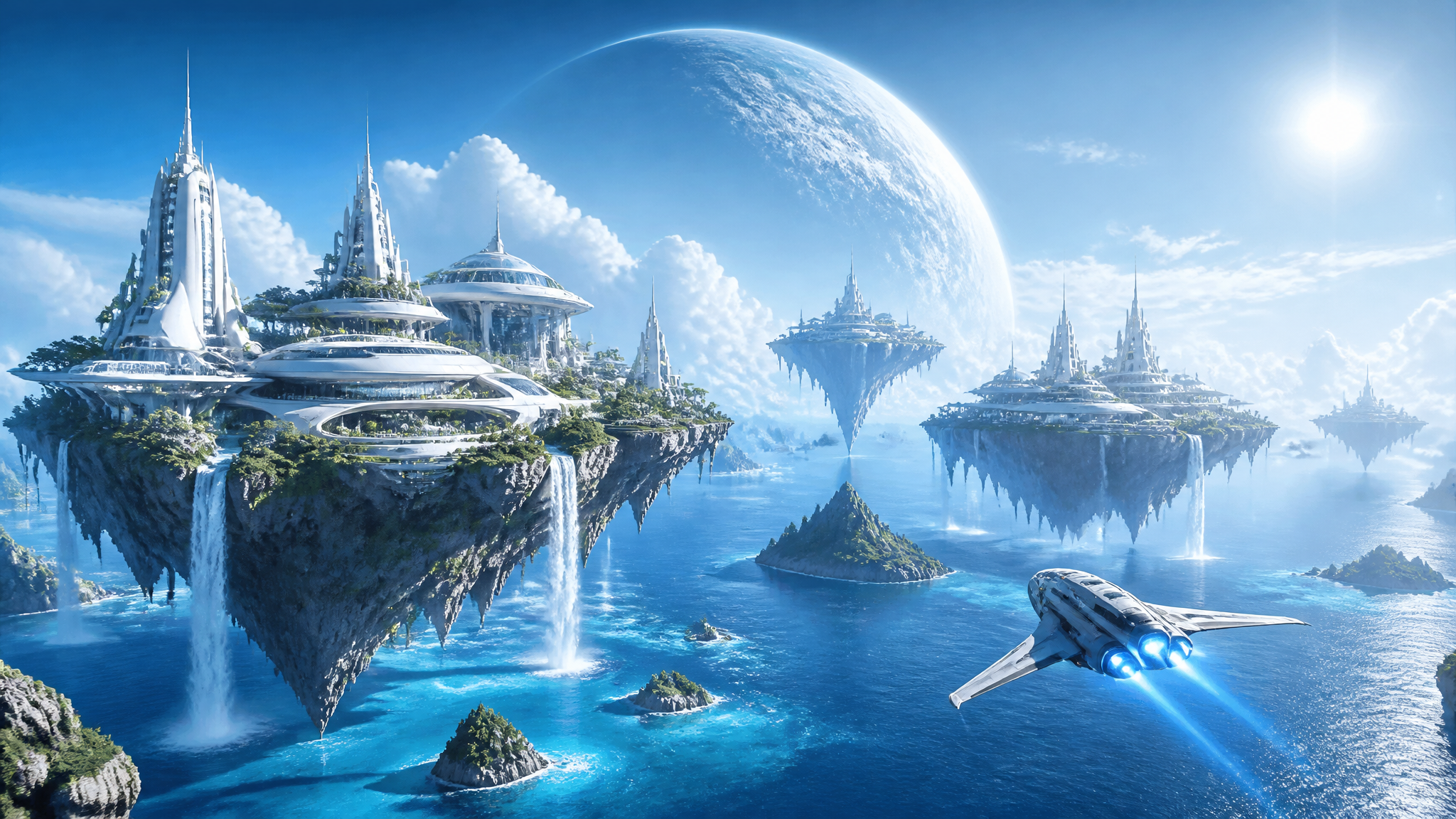 Blue ocean planet with floating islands, futuristic white architecture, and a small spacecraft flying above the water under bright sunlight, cinematic sci-fi illustration.