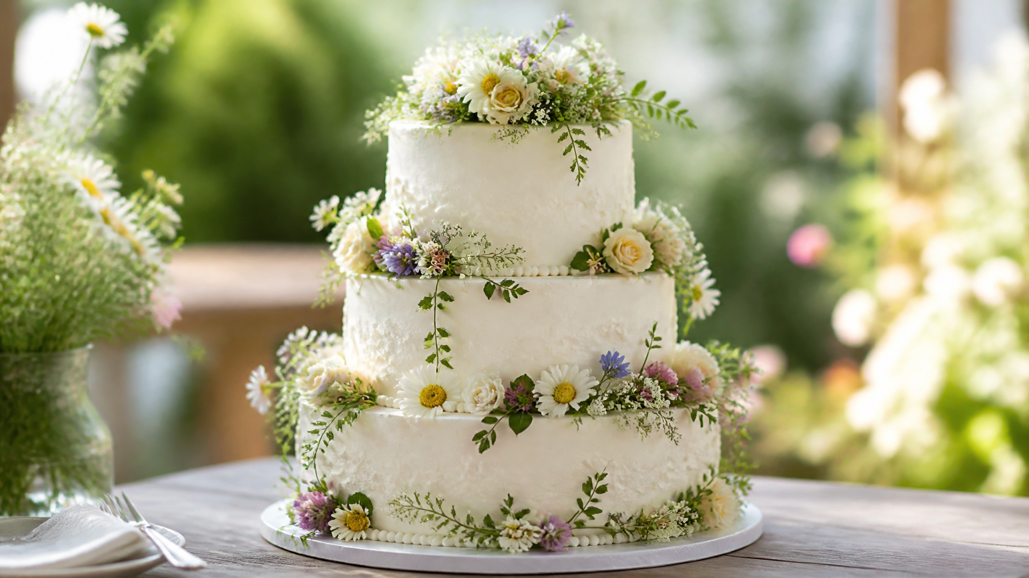 AI Cake Generator Garden Wildflower decorated wedding cake effect picture