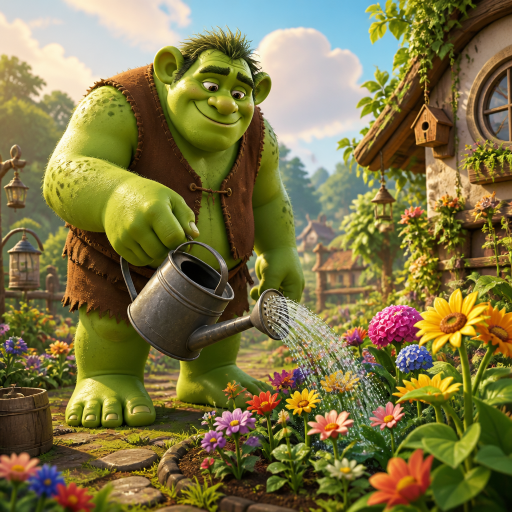 AI Shrek Generator 绿色奇幻巨人在花园浇花效果图