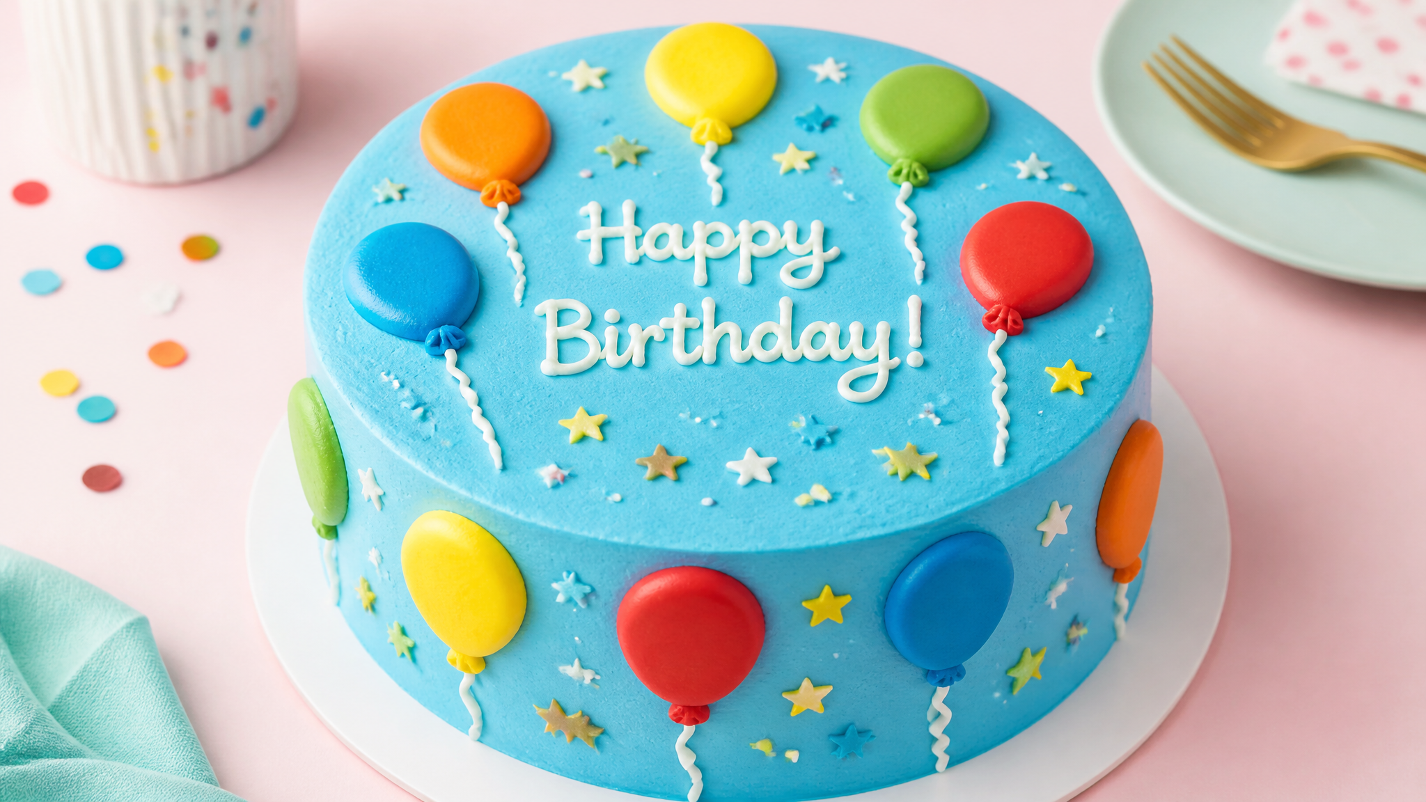 Custom blue birthday cake design decorated with colorful balloons, star details, and buttercream frosting