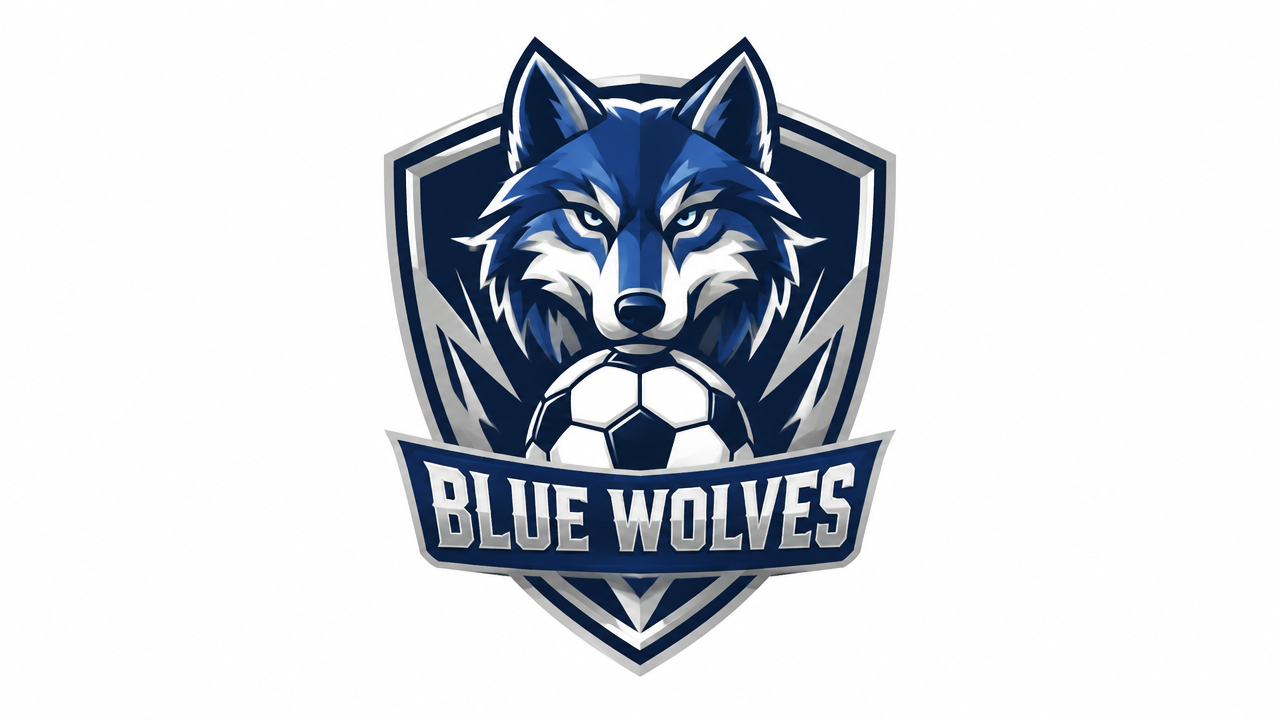 AI Sports Team Logo Generator 蓝色狼头足球队徽与 Blue Wolves 队名效果图