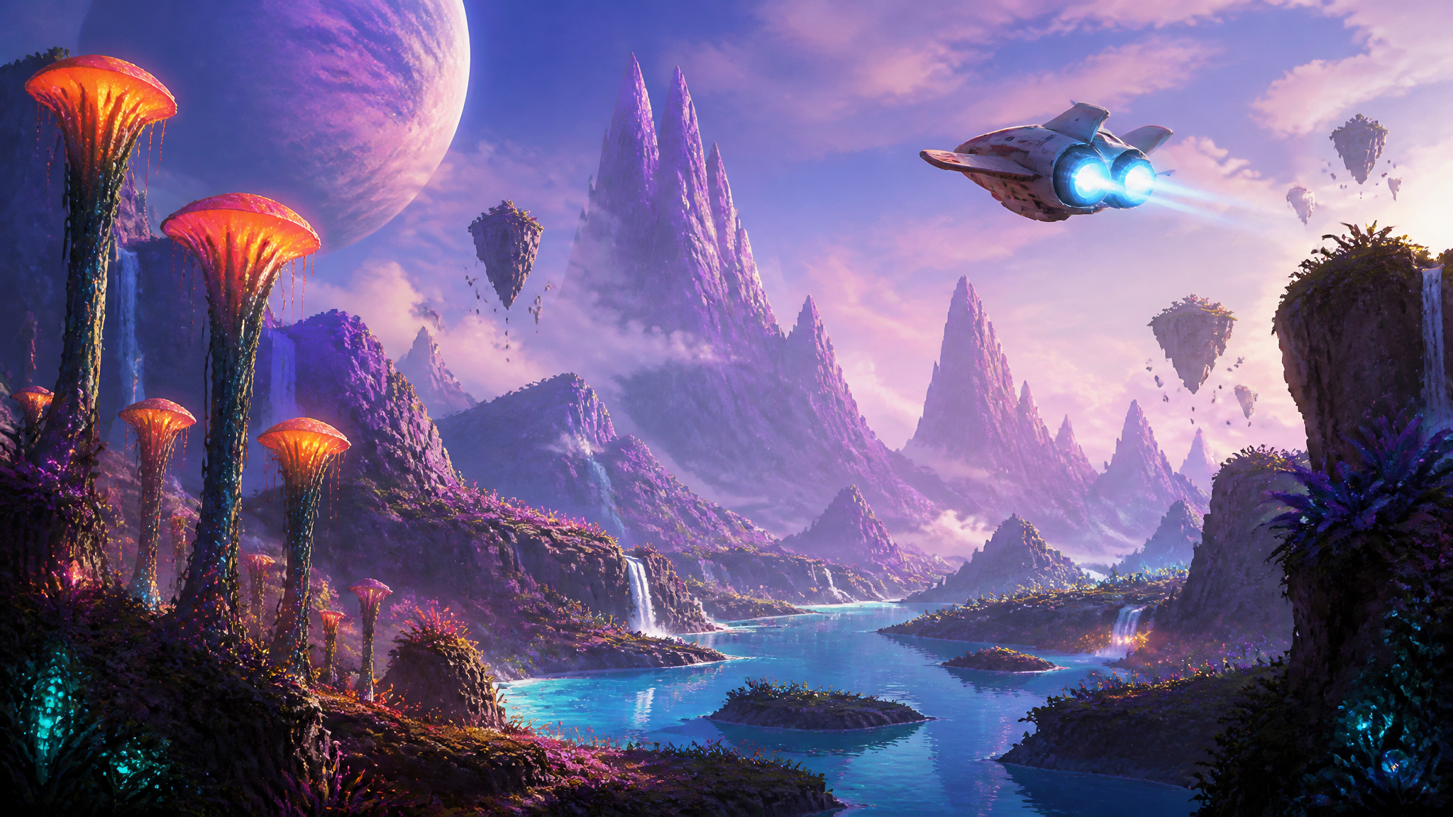 A vibrant alien world with tall glowing plants, floating rocks, purple mountains, and a small spacecraft flying above the landscape, cinematic science fiction illustration, no text, no logo.