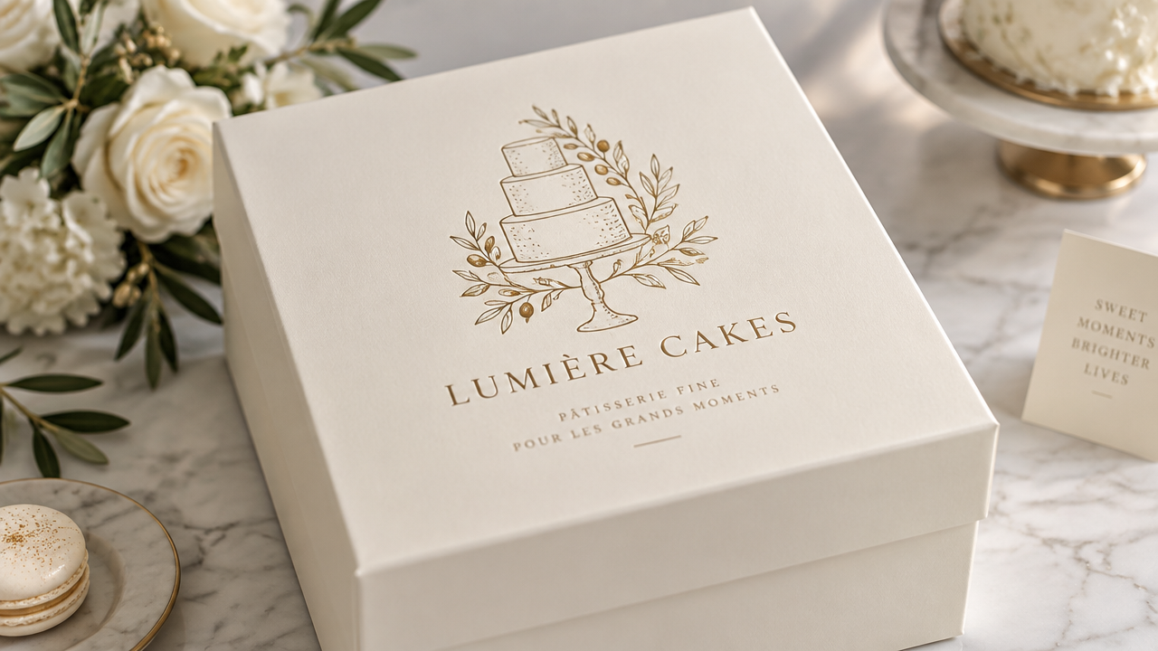The Logo design and brand symbol of the French elegant gilded cake shop on the ivory white high-end cake packaging box