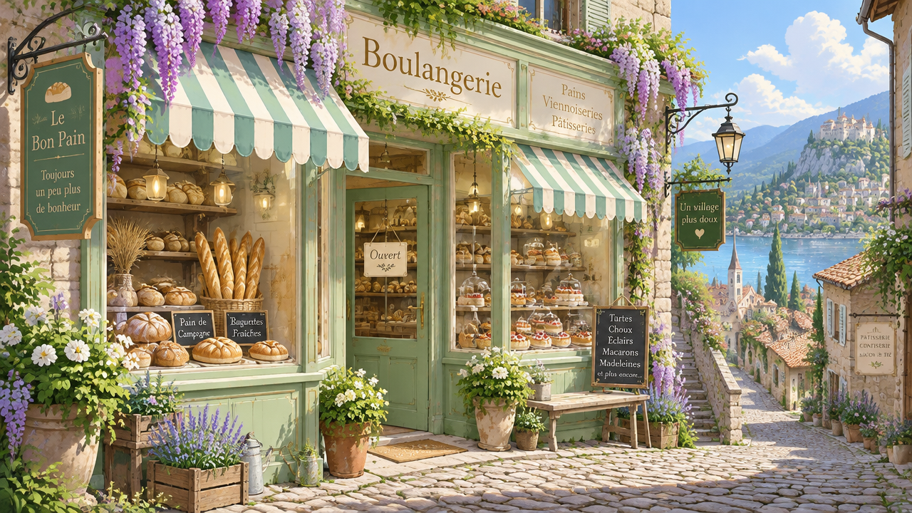 Cute pastel village bakery street anime background picture designed by AI anime background generator