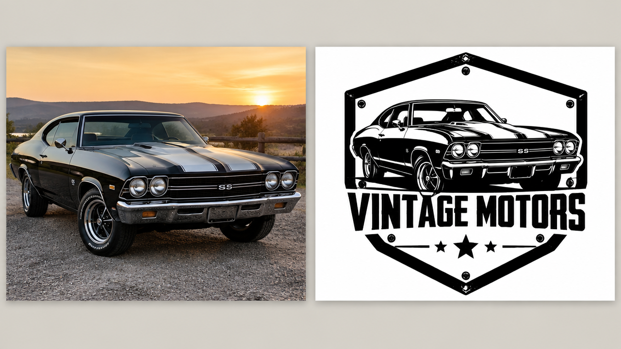 A comparison of real photos of retro muscle cars and pure images of converted American industrial style shield car logos