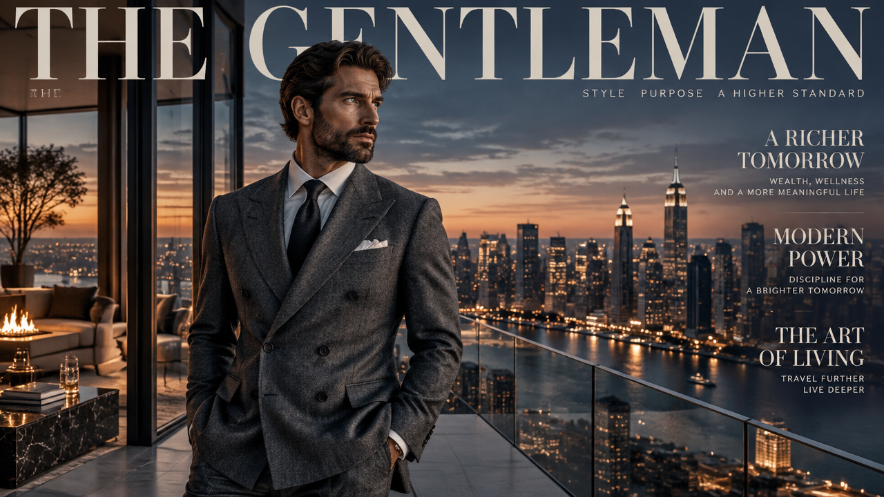 alt="Cinematic 16:9 men's luxury lifestyle publication cover generated by AI magazine generator"