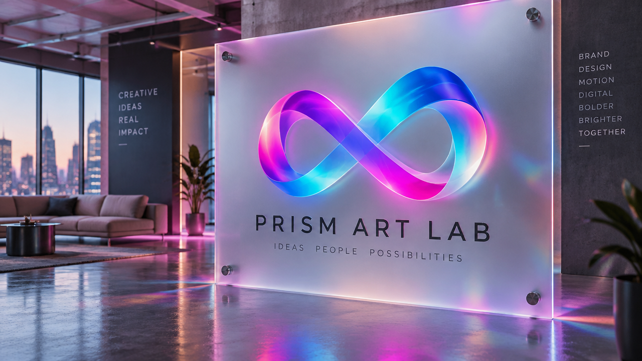 Modern colorful dynamic fluid vector art Logo design and Digital Creative Workshop logo on frosted acrylic display boards
