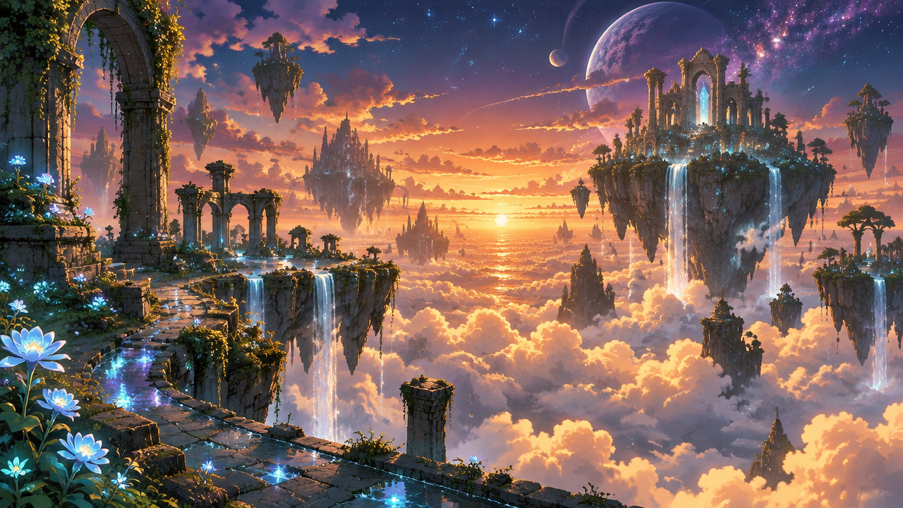 Cool fantasy floating island landscape anime background wallpaper generated by AI anime background generator