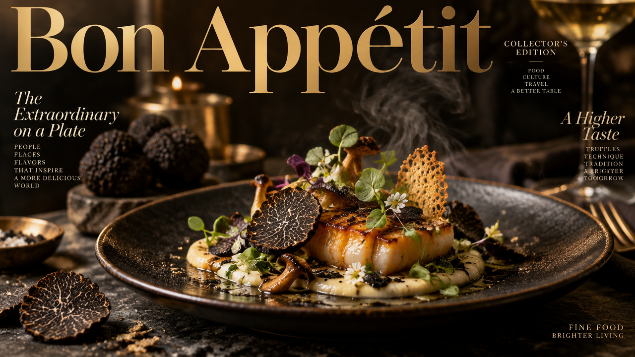 alt="Cinematic gourmet culinary arts widescreen magazine cover generated with AI magazine generator"