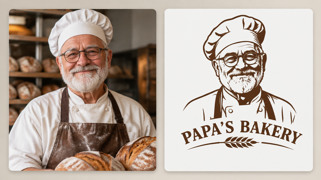 Comparison picture of a real baker's portrait photo and the retro monochrome character Logo that can be converted with one click on the right