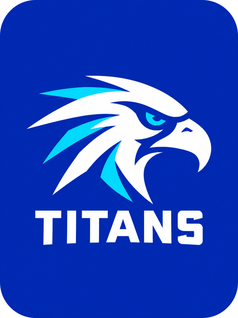 alt="皇家钴蓝底色上的极简职业战队Logo设计卡片，包含流线型几何鹰头矢量图标与白色加粗TITANS队名"