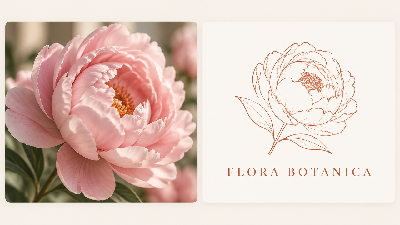 Macro real photos of pink peonies and the extremely simple line flower vector Logo pure image effect converted on the right