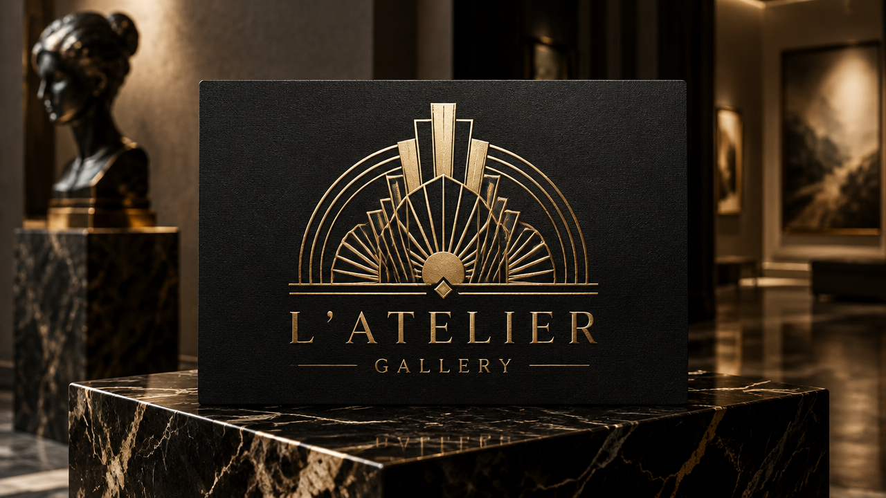 The gilded retro Art Deco decorative Art gallery Logo design and exhibition invitation sign on the black marble exhibition stand