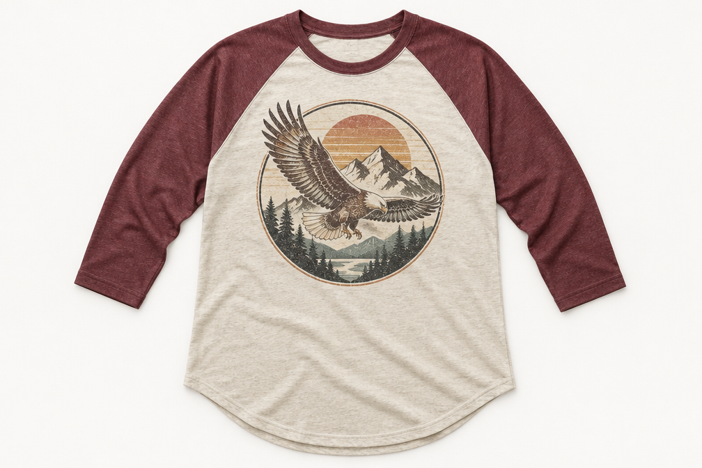Vintage contrast raglan baseball t-shirt design flat-lay mockup generated by AI t shirt design generator