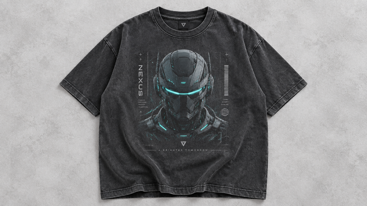 Cyberpunk graphic oversized cotton t-shirt on minimalist background.