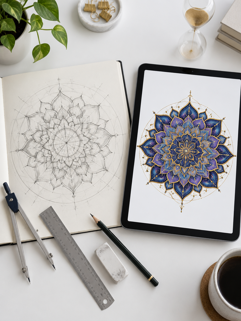 AI Mandala Generator 将复杂手绘草稿快速生成精致对称曼陀罗图案效果图