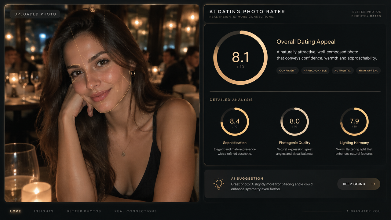 alt="AI外貌评估工具针对女士晚宴约会照片进行的面部黄金对称性与吸引力指数评分界面"
