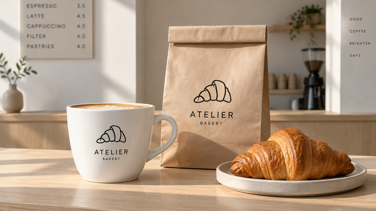 The minimalist white porcelain coffee cup and the modern Nordic-style croissant bakery Logo design and minimalist line logo on the packaging