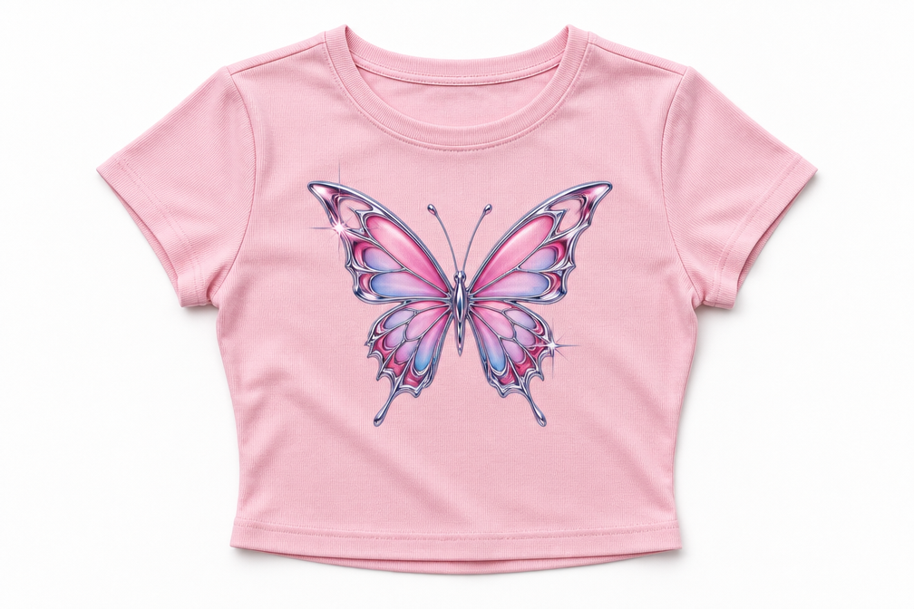 Pink cropped baby tee with butterfly graphic design.