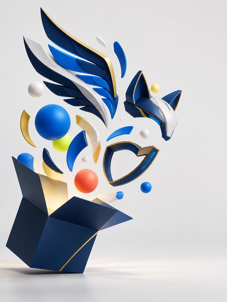 alt="哑光几何盲盒解构迸发出几何鹰翼、盾牌框架与彩色零件的3D极简概念图，象征打破战队Logo设计的创意瓶颈"