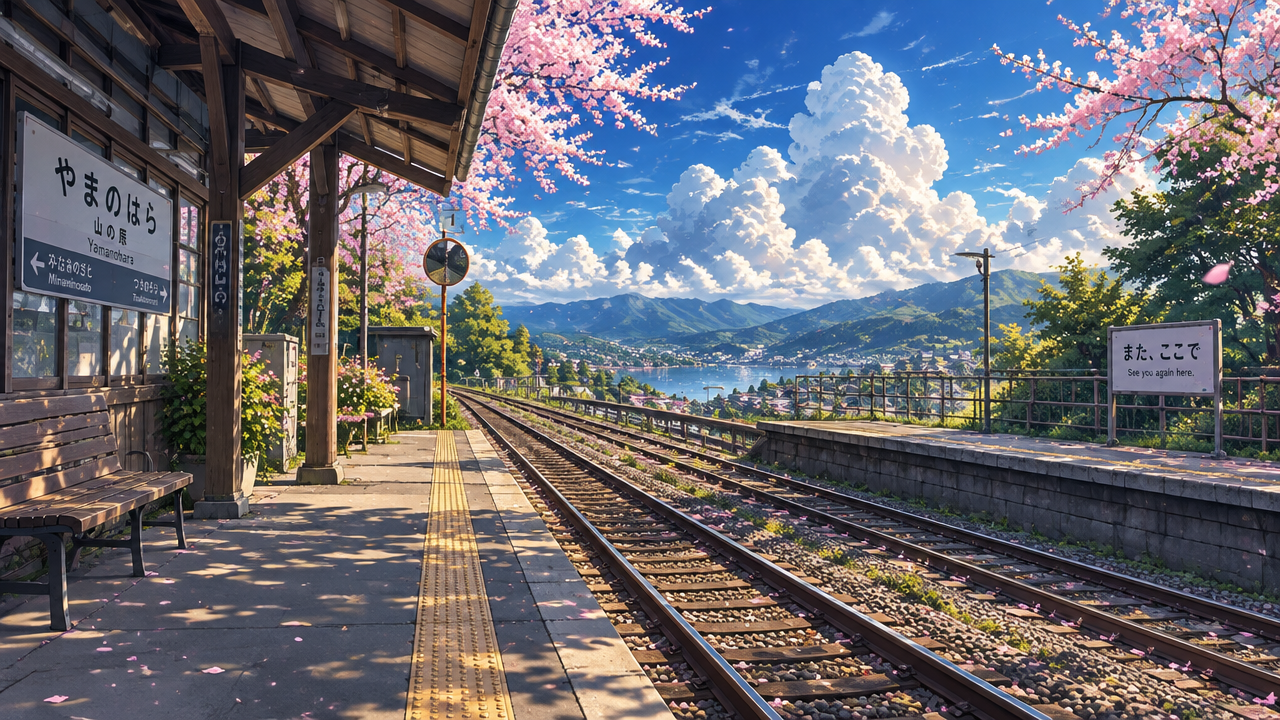Aesthetic rural Japanese train station anime background generated by AI anime background generator