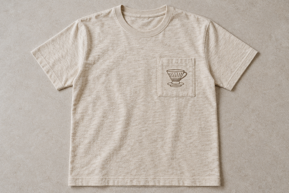Heavyweight raw oatmeal pocket t-shirt flat-lay design created with AI t shirt design generator