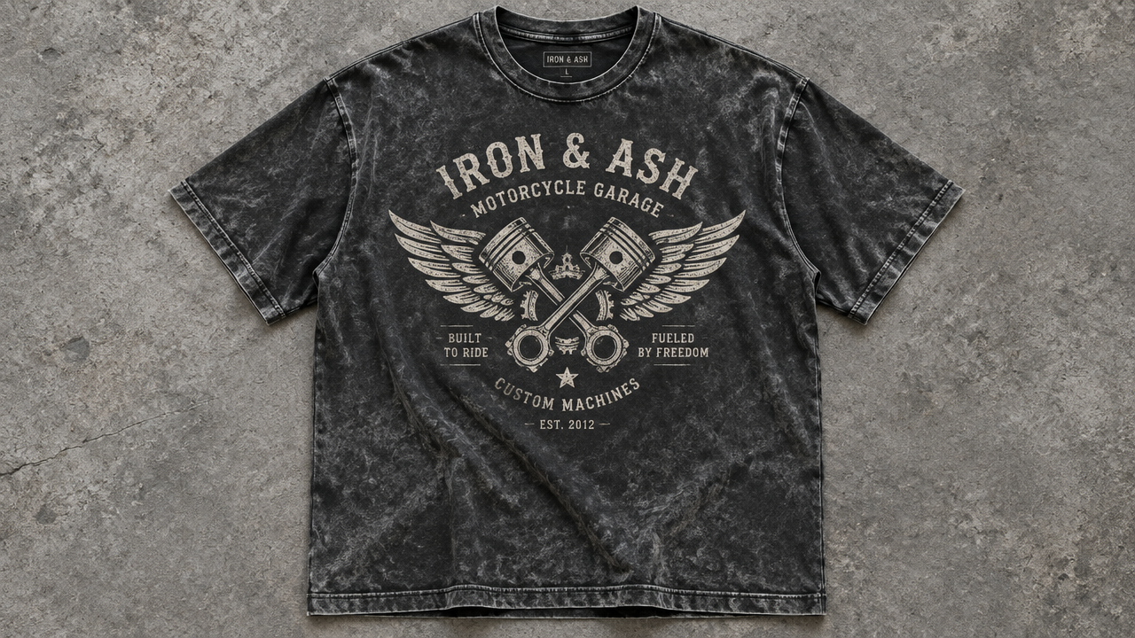 Acid wash vintage motorcycle t-shirt mockup highlighting weathered fabric created by AI t shirt design generator