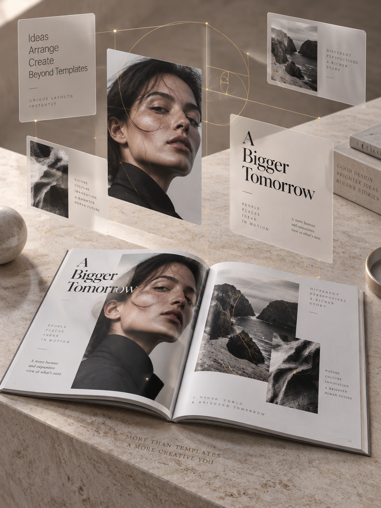 alt="AI magazine generator creating unique magazine content and bespoke layouts instantly beyond simple templates"