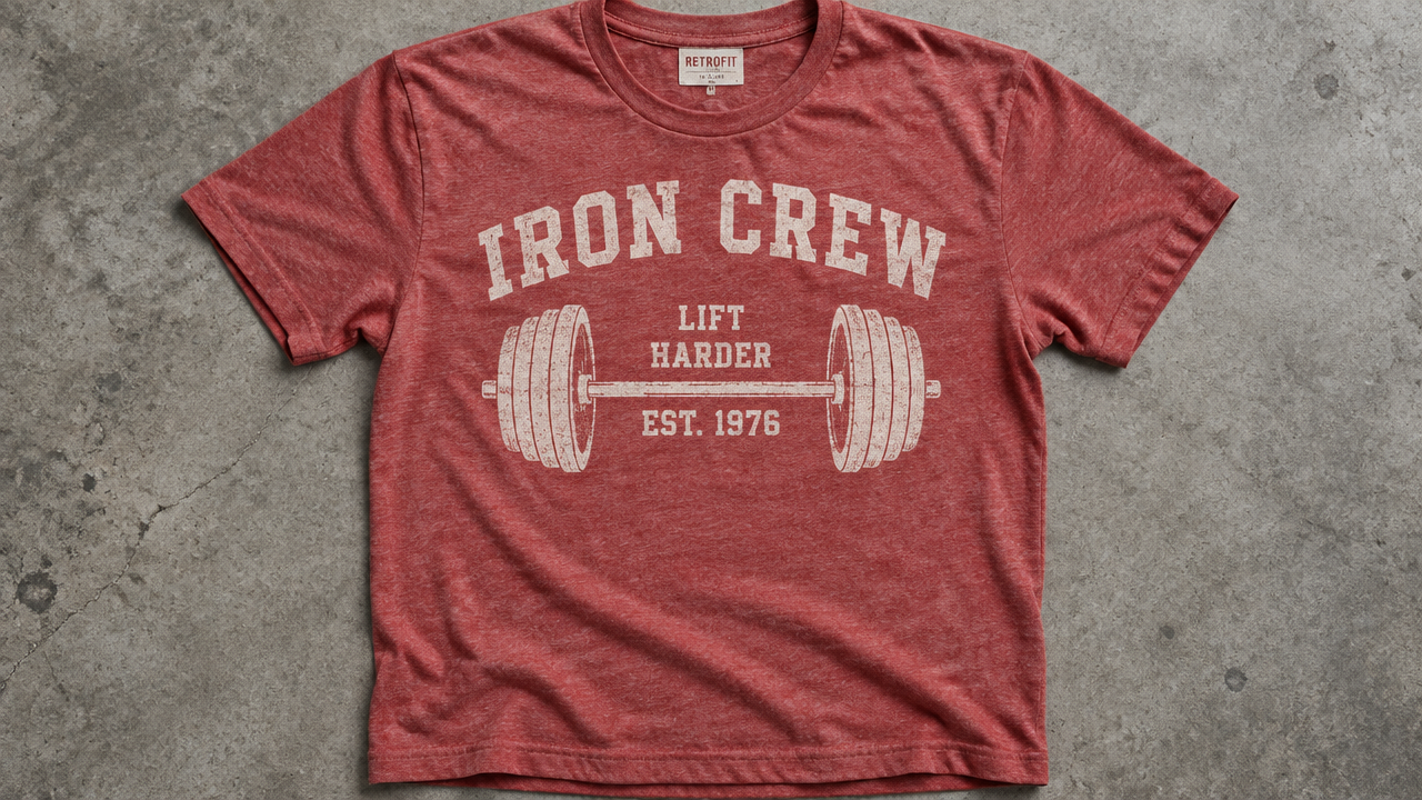 Vintage heather red gym t-shirt flat-lay mockup generated by AI t shirt design generator showing tri-blend fabric texture