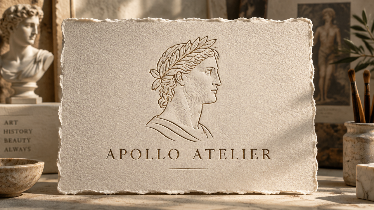 Single-line art Logo design of classical Greek sculpture and the artist's studio logo with deep embossing and concave-convex technique on handcrafted thick-edged cotton paper