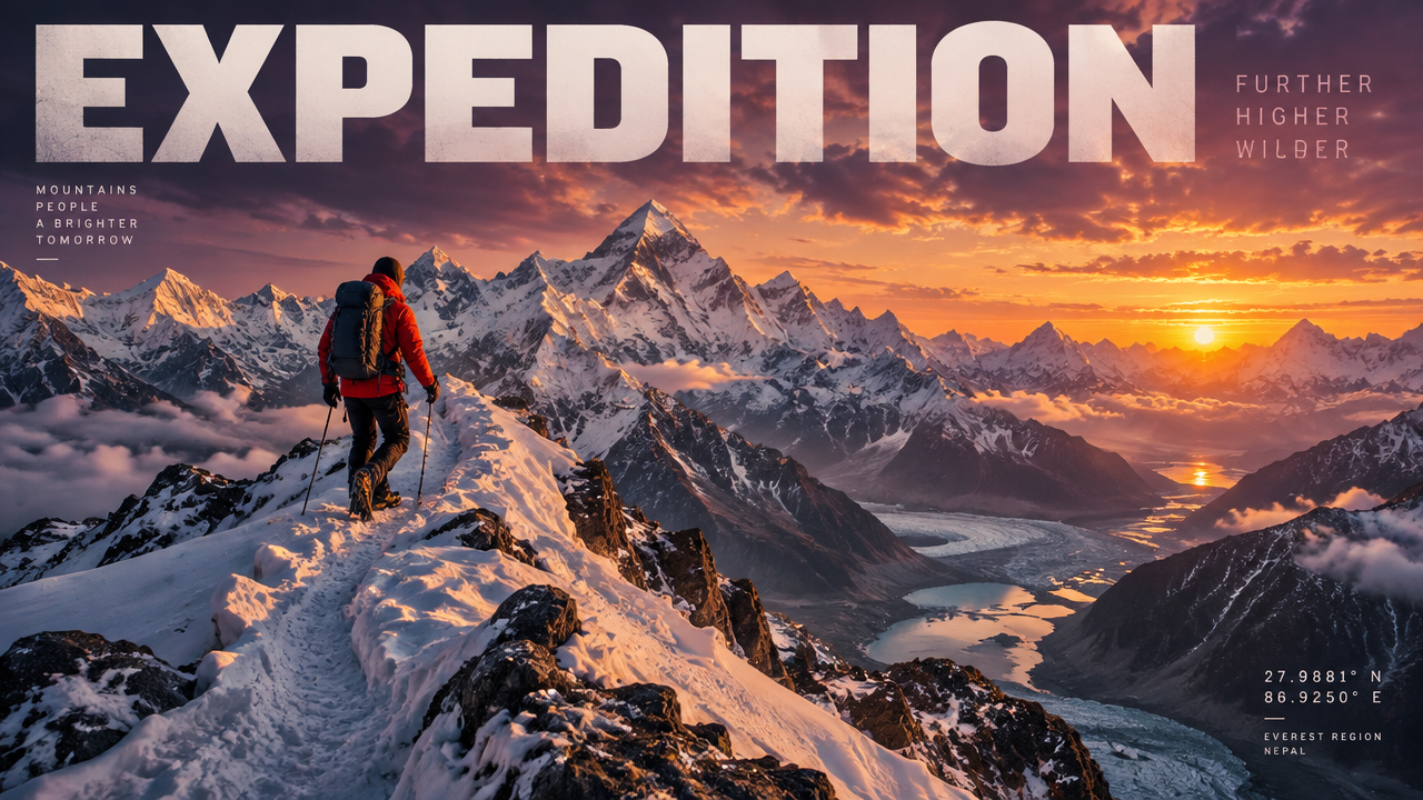 alt="Panoramic outdoor adventure and alpine expedition publication cover designed by AI magazine generator"