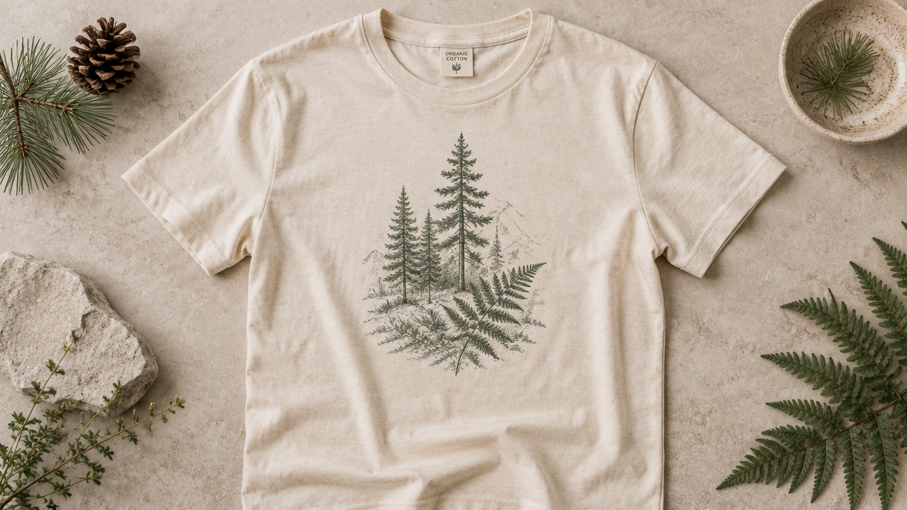 Organic cream cotton botanical nature t-shirt mockup produced with AI t shirt design generator