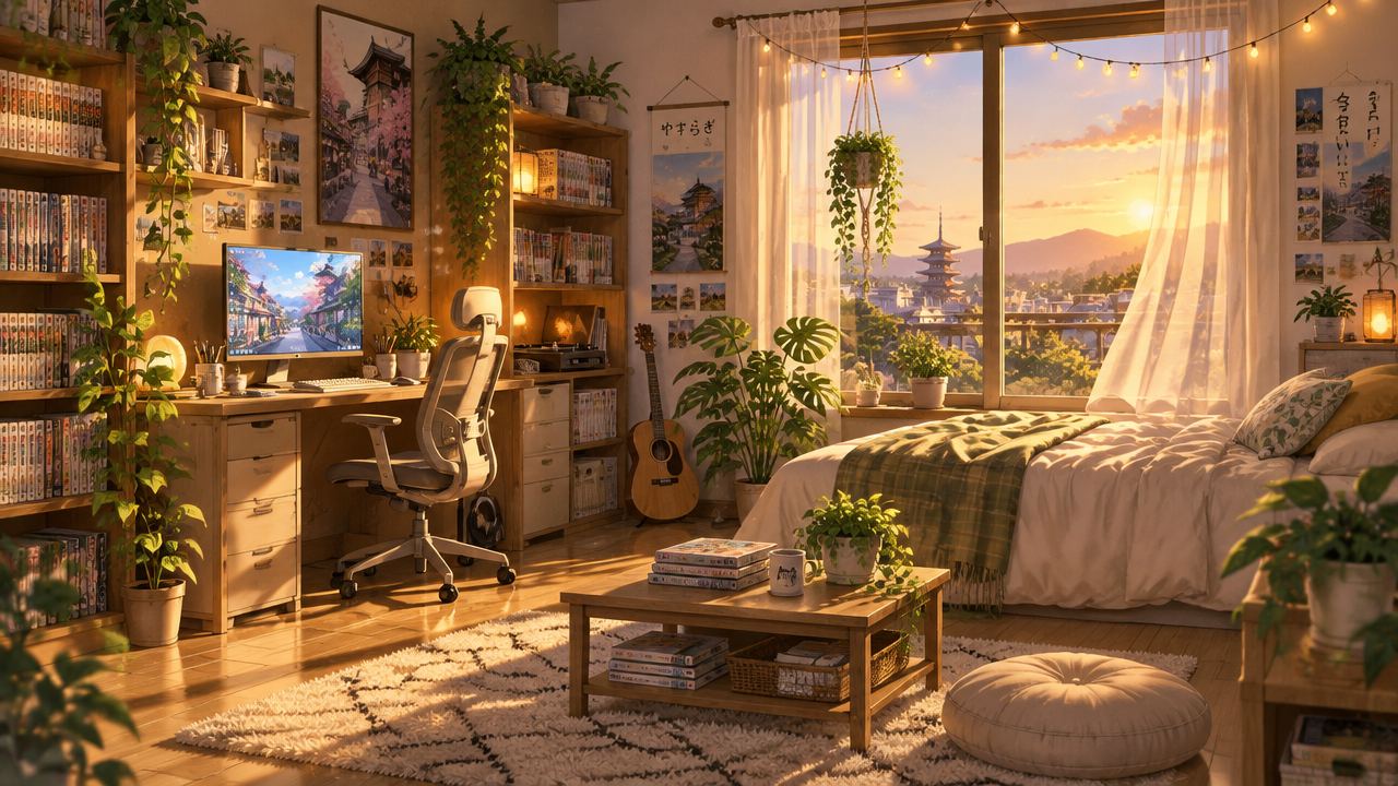 Cute cozy lofi anime bedroom background wallpaper made with AI anime background generator