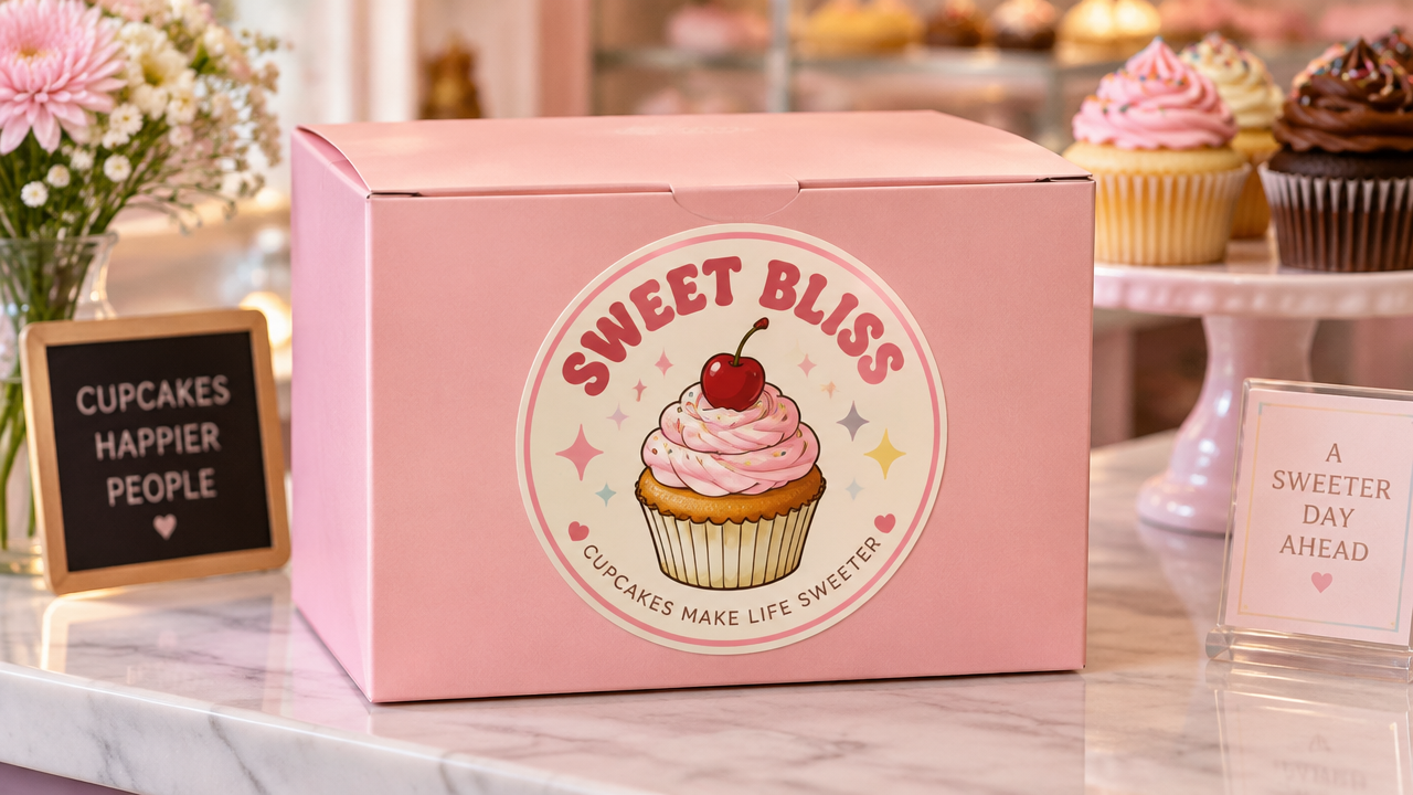 The cute and retro cupcake shop Logo design and circular packaging stickers on the pink macaron dessert box