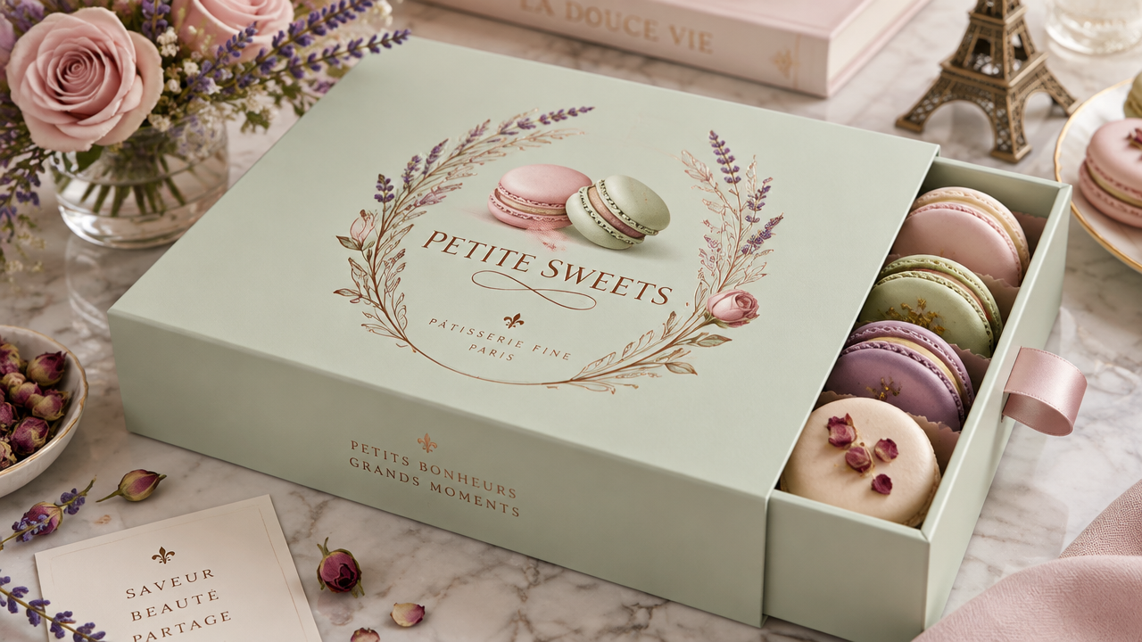 The exquisite floral dessert shop Logo design and the light luxury brand logo on the mint green French macaron gift box