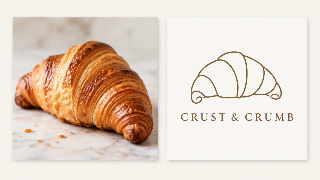 Real croissant baking photos and the extremely simple line vector Logo pure image display generated by conversion on the right