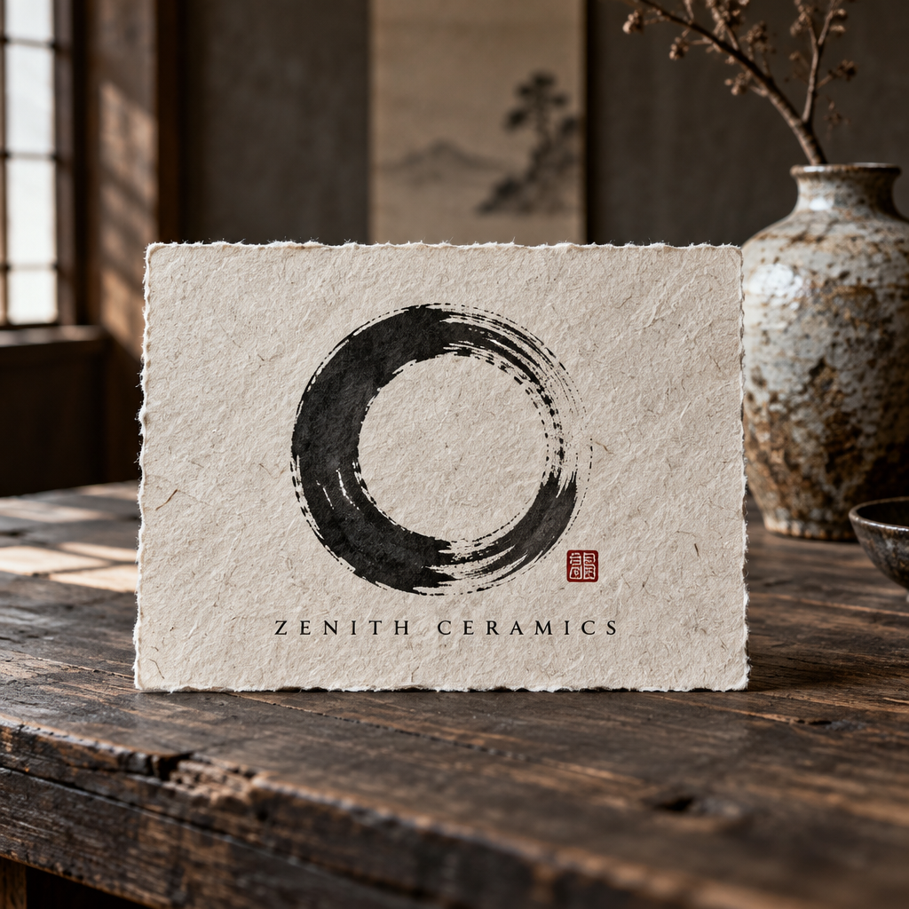 Original ecological handcrafted and paper-based Oriental freehand ink wash Zen-inspired round shape art Logo design and pottery workshop logo