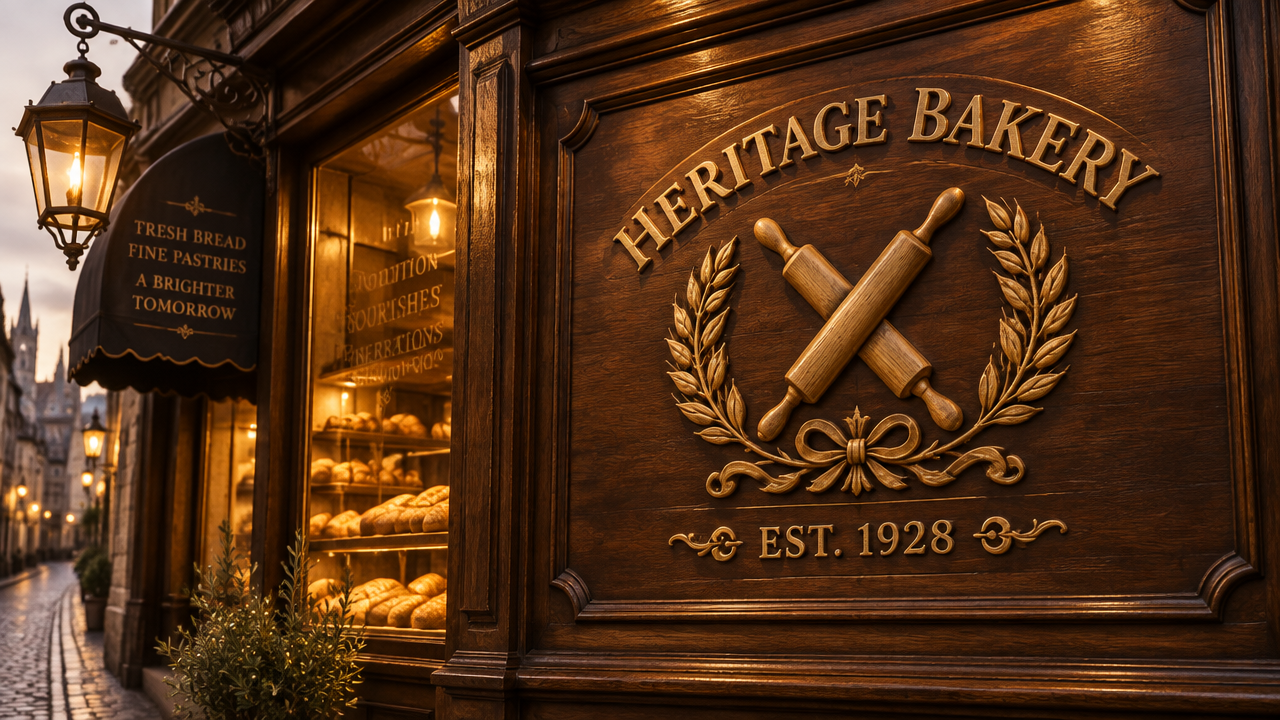The traditional European bakery Logo design and the retro wheat ear shield emblem carved on the retro dark solid wood signboard