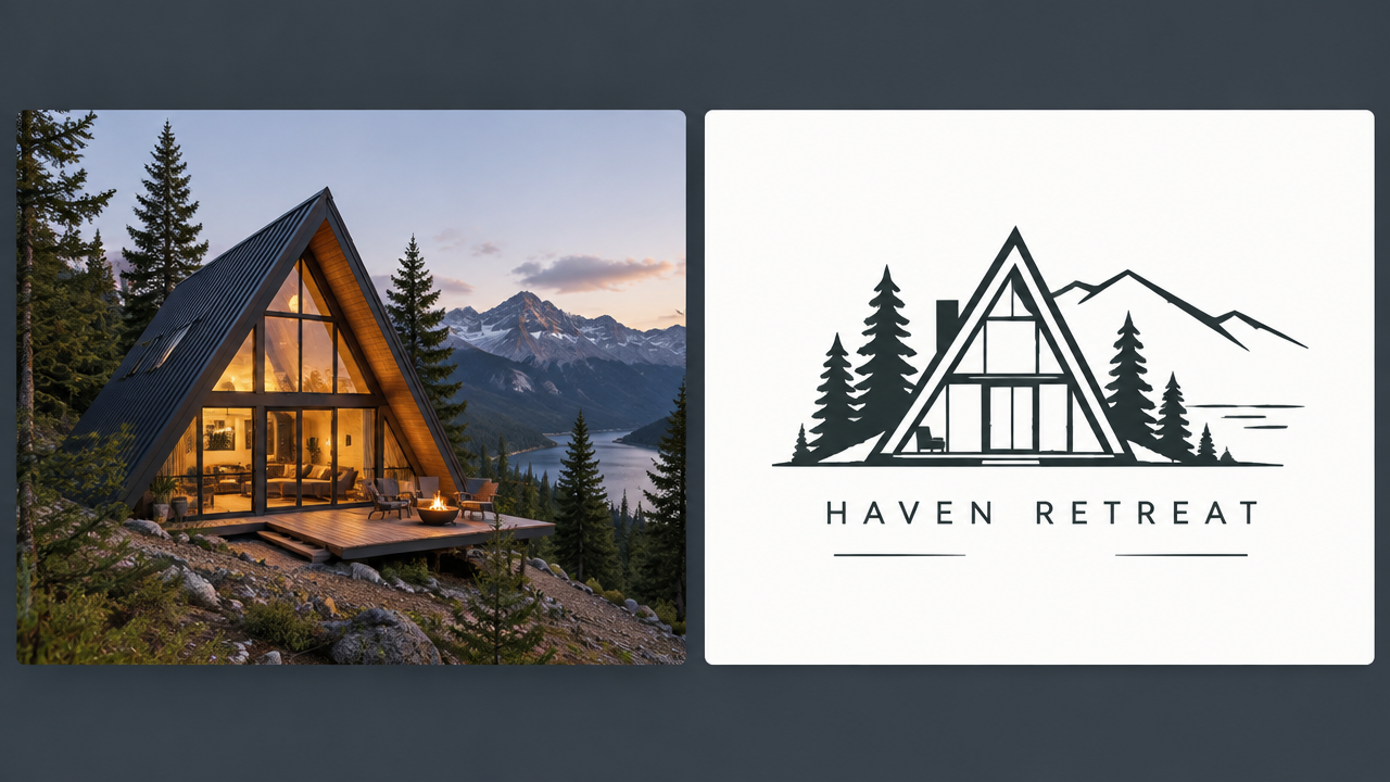 A comparison of the real vacation cabin building photo and the pure image of the minimalist geometric line building Logo generated by conversion on the right.