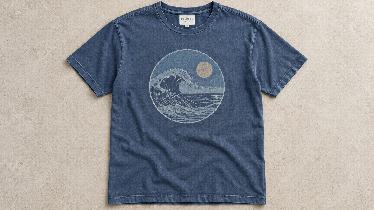 Vintage blue cotton t-shirt with retro surf graphic on minimalist background.