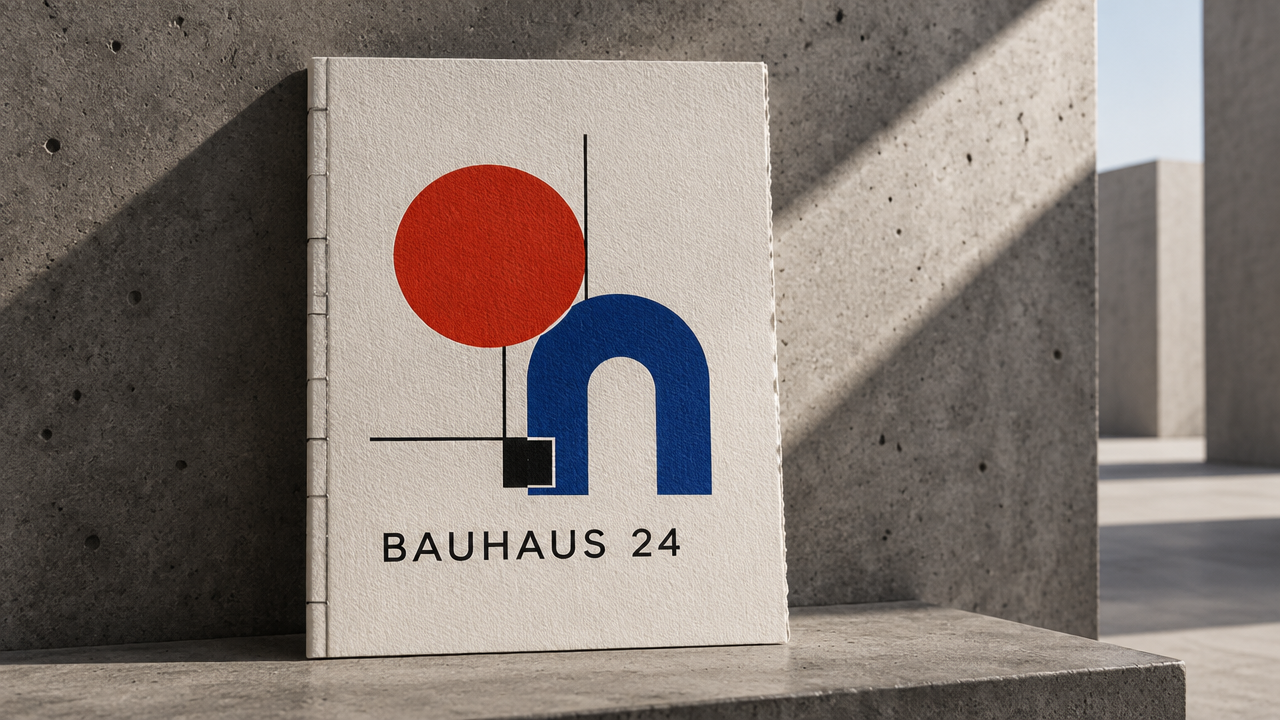 Modern Bauhaus Minimalist geometric art Logo design and Contemporary Design Center logo on pure white handcrafted art paper