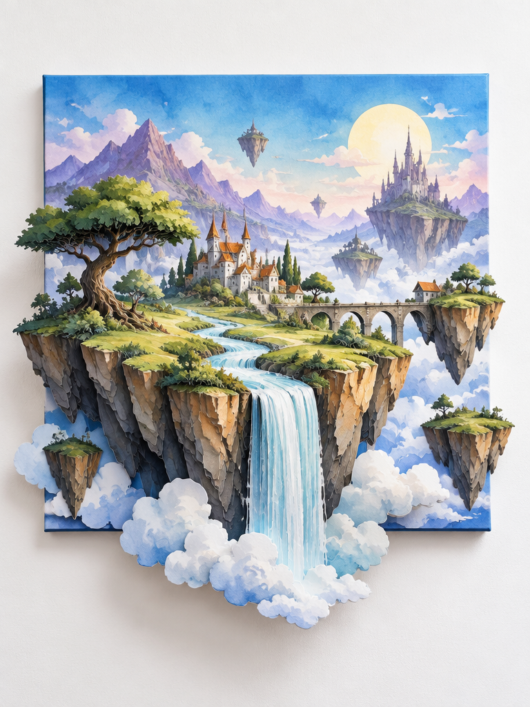 AI 2D Art Generator 以水彩线稿和纸雕层次打造立体纵深幻觉的浮岛插画效果图