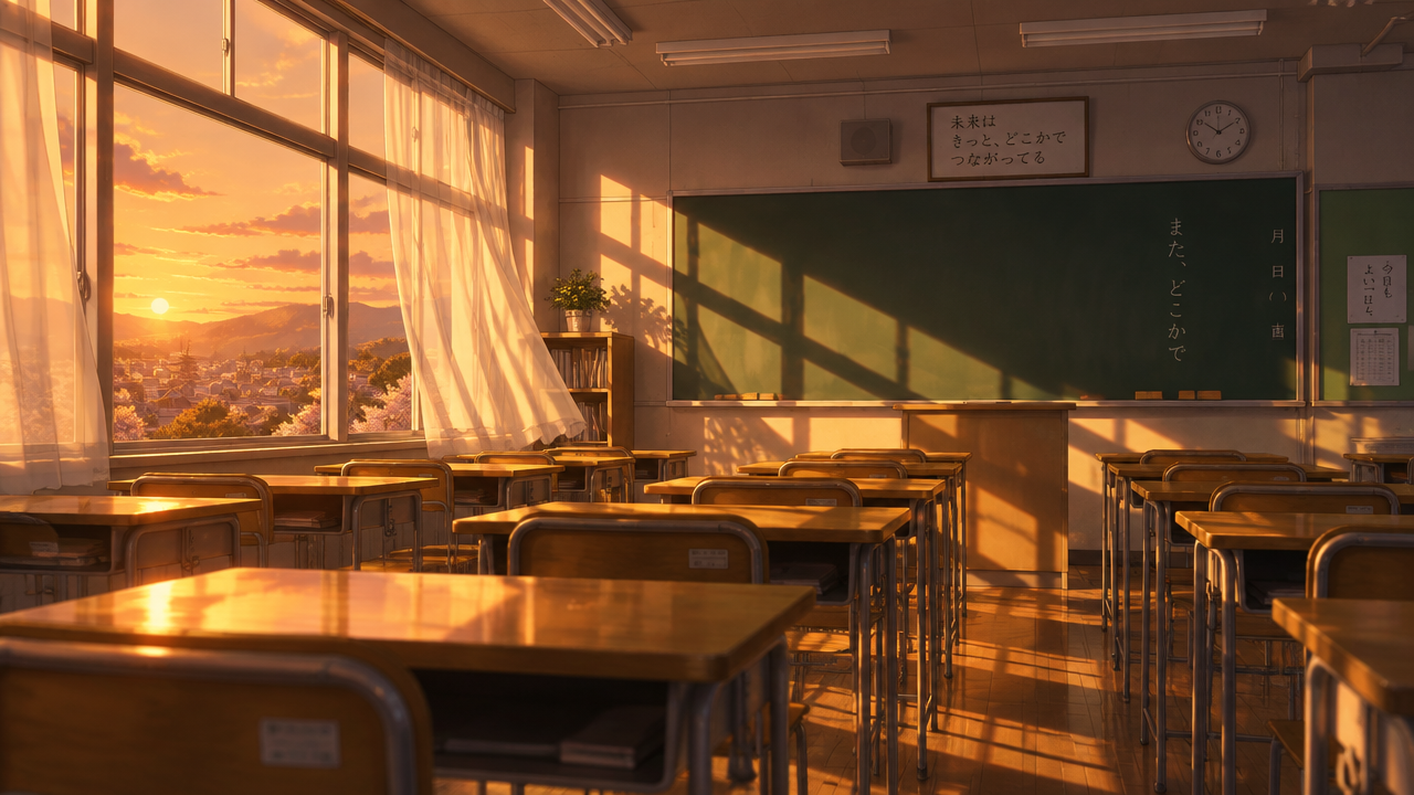 Aesthetic empty anime classroom at sunset background wallpaper generated by AI anime background generator