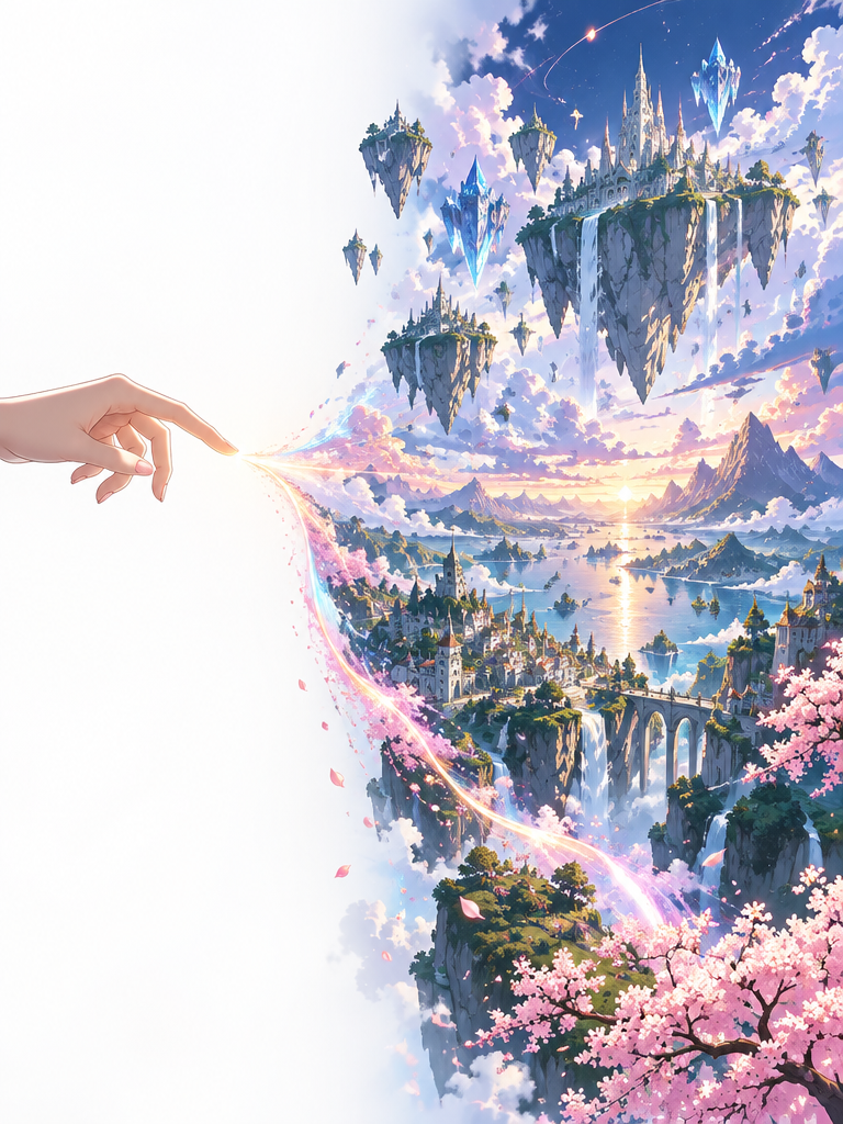 alt="指尖微光触碰瞬间绽放为唯美2D二次元奇幻风景画，象征无需绘画基础即可轻松生成专业数字艺术"