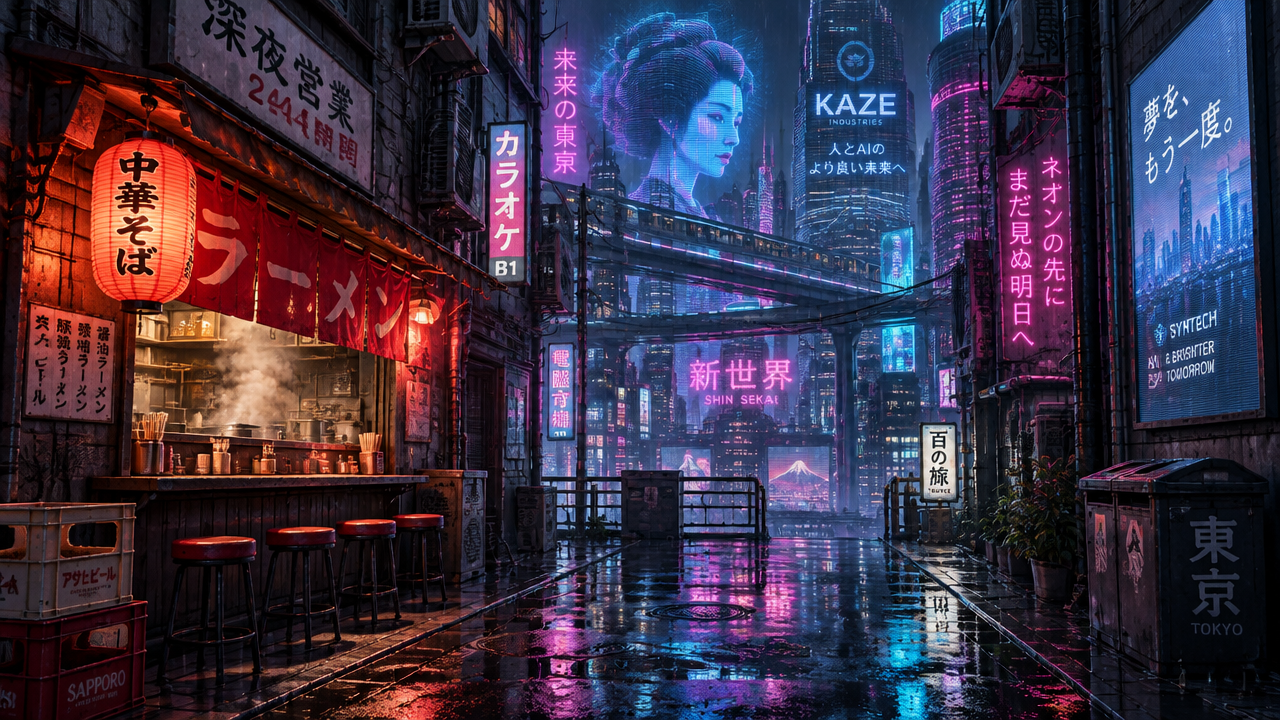Cool cyberpunk city night street anime background picture created with AI anime background generator