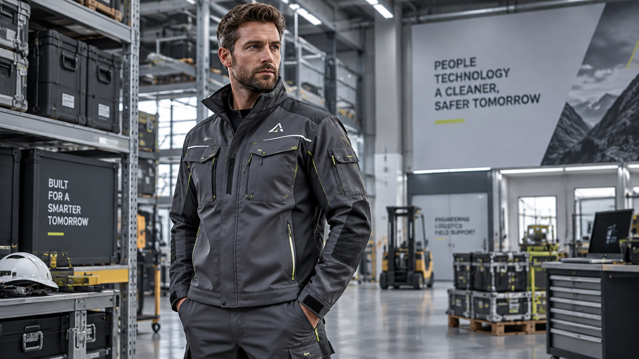 Professional field technician in durable industrial workwear with reflective safety details inside an engineering facility