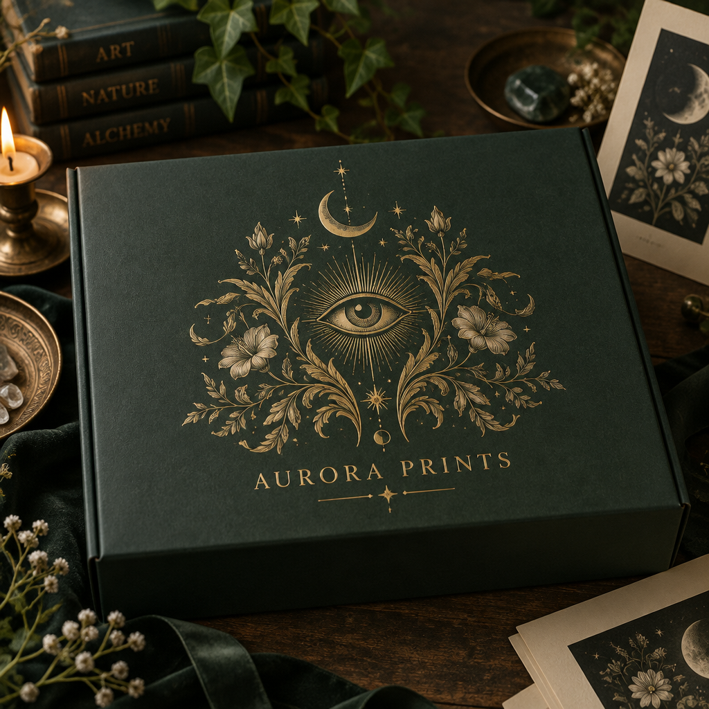 The surreal gold foil mysterious plant and star art Logo design on the dark green matte art gift box