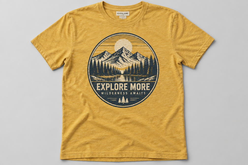 Vintage heather mustard mountain adventure t-shirt mockup created with AI t shirt design generator