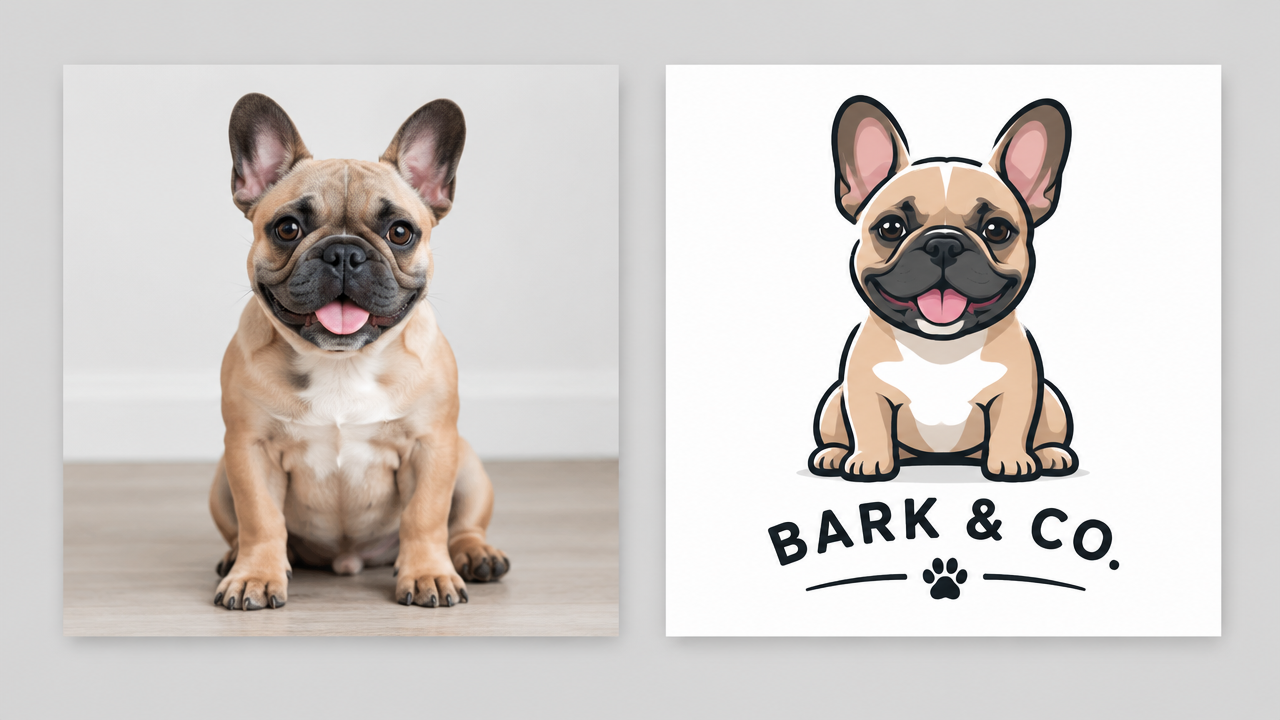 A comparison display of a real French Bulldog pet photo and the converted vector brand Logo pure image